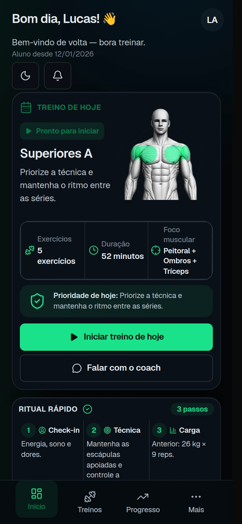 Tela real mobile do ANDI mostrando a Home do aluno, treino do dia, semana de treinos e acompanhamento da evolução.